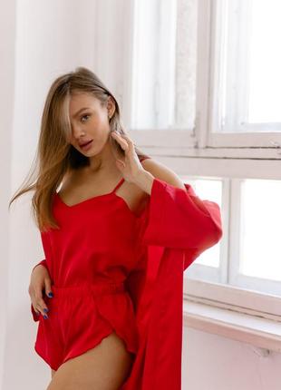 Комплект шелк красный набор пижама халат красивый шелк2 фото