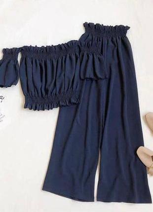 Жіночий діловий стильний класний класичний зручний модний трендовий костюм модний брюки штани штанішки і та топ синій