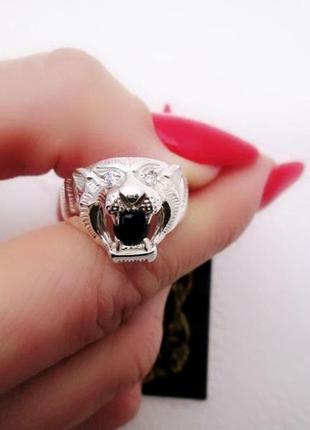 Срібний чоловічий перстень оскал тигра з фіанітами5 фото