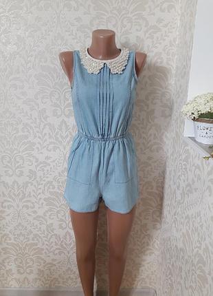 Джынсовый ромпер з вортничком розшитый жемчужынками