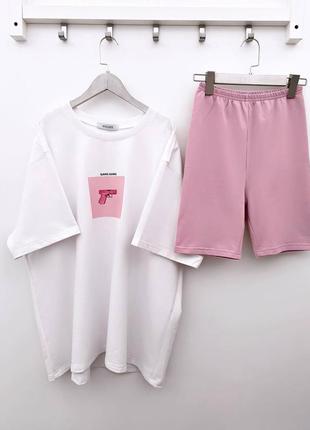 Костюм: оверсайз свободная широкая натуральная хлопковая хлопковая футболка + велосипедки, комплект базовый белый розовый4 фото