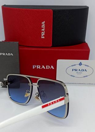 Окуляри в стилі prada чоловічі сонцезахисні сіро сині з градієнтом дужки білі8 фото