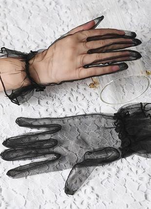 Короткие черные фатиновые перчатки прозрачные, перчатки для фотосессии, вечеринки, для стильных образов, перчатки из фатина сеточка ретро