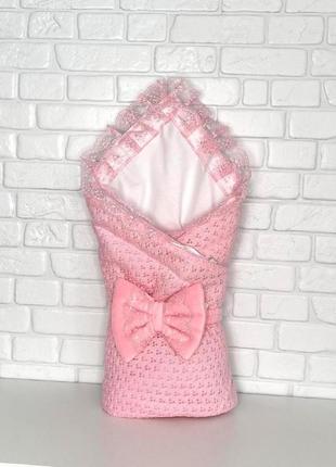 Демисезонный (весна-осень) вязаный конверт-одеяло в роддом на выписку новорожденной девочки1 фото