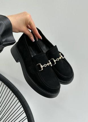 Лофери жіночі замшеві чорні натуральна замша, туфлі жіночі на низькому ходу