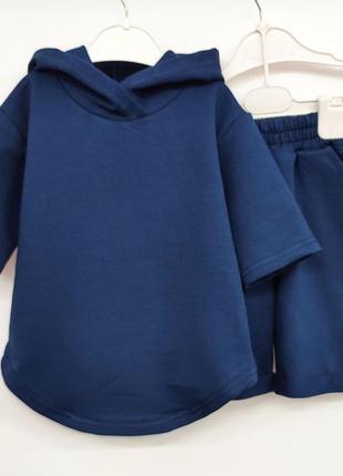 Костюм двойка детский хлопковый с шортами, худи с капюшоном, шорты удлиненные, синий индиго
