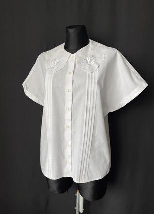 Винтаж белая блуза рукав кимоно хлопок красивый кружевной воротник винтажная рубашка