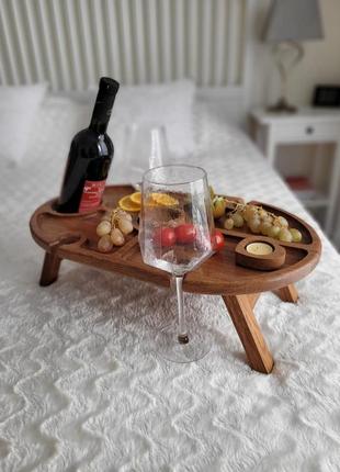 Винный столик из дуба с отверстием для бутылки и бокалов натуральный дуб