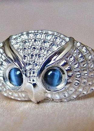 Очаровательная сова кольцо, кольцо в виде совы с синими глазами, филина, ручная работа, размер регулируемый