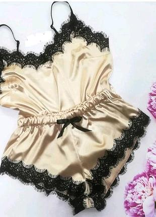 Женская сексуальная пижама с кружевом 🤗 майка шорты секси пижамка шелковая пижама