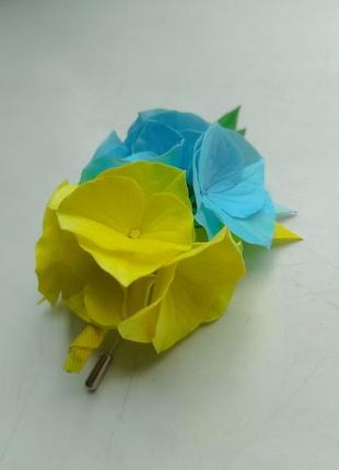 Квіткова брошка-бутоньєрка з блакитно-жовтими гортензіями bee_handyman4 фото