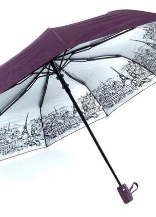 Жіноча фіолетова парасолька напівавтомат складна 9 спиць антивітер з малюнком міста всередині 713/3