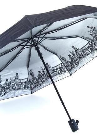 Жіноча чорна парасолька напівавтомат складна 9 спиць антивітер з малюнком міста всередині 713/5