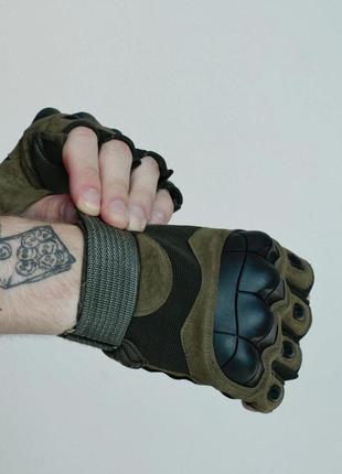Тактические перчатки oakley армейские военные с открытыми пальцами и костяшками khaki/ l