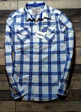 Мужская элегантная приталенная хлопковая  винтажная  рубашка superdry casual  в бело- синем цвете в полоску размер м