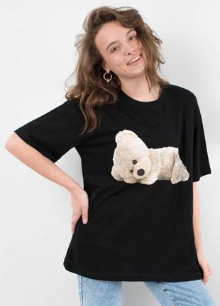 Стильная черная белая футболка с рисунком мишкой оверсайз большой размер батал