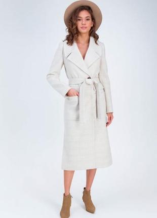 Пальто женское шерстяное, демисезонное, длинной пальто бежевое в клетку, 484 фото