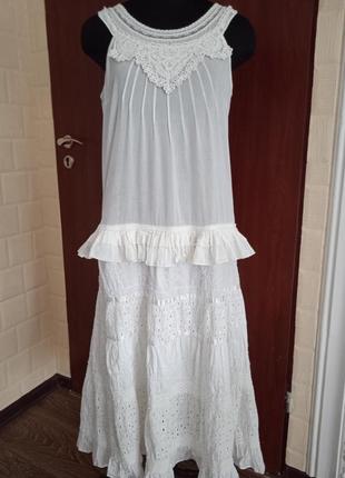Біле плаття в стилі бохо вільного крою з тонкої бавовни з мереживною обробкою tref collection.2 фото
