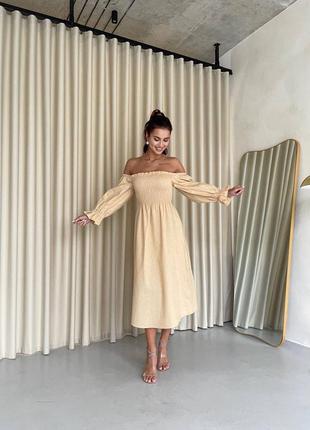 Сукня льон спущені плечі розлітайка вільного крою беж оливка2 фото