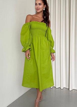 Сукня льон спущені плечі розлітайка вільного крою беж оливка1 фото