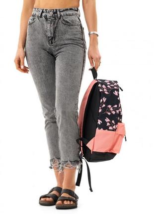 Рюкзак женский городской, розовый черный, принт цветочный, цветы7 фото