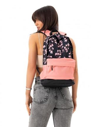 Рюкзак женский городской, розовый черный, принт цветочный, цветы6 фото