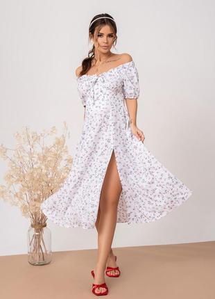Белое цветочное платье с открытыми плечами1 фото
