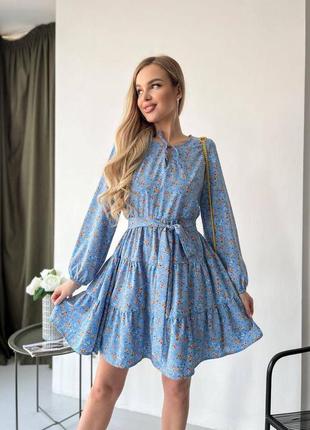 Платье в цветочный принт базовая с длинным рукавом стильное платье мини короткое пышное синее оливка голубая красная5 фото