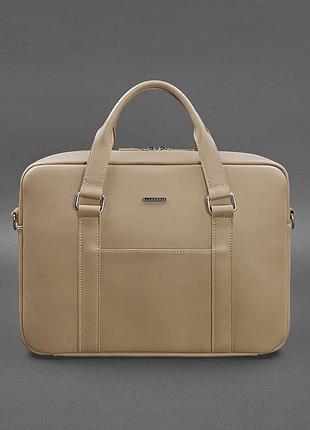 Сумка-портфель для ноутбука компьютера, документов кожаная светло-бежевая