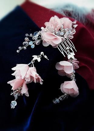 Лучія сережки підвіски довгі китиці на ланцюжках кришталь гребінь рожевий кварц камінь сірий мінерал