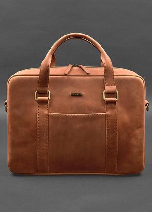 Сумка-портфель для ноутбука компьютера, документов кожаная светло-коричневая crazy horse