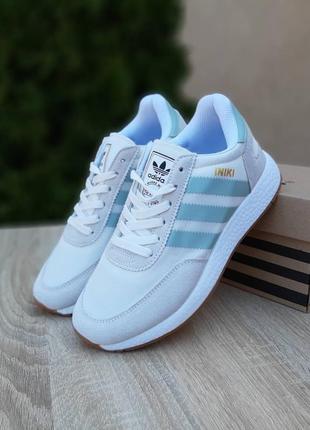 Женские кроссовки adidas iniki белые с серым бирюзовые полоски  ⁇  smb7 фото