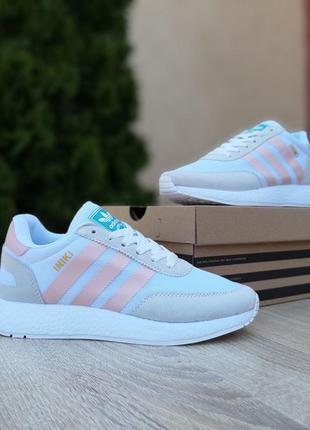 Женские кроссовки adidas iniki белые с серым пудровые полоски / smb9 фото