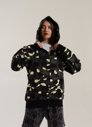 Чёрный худи bape shark full zip светящийся в темноте black camo кофта с капюшоном на молнии4 фото