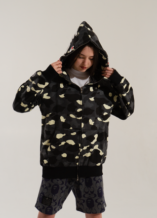 Чёрный худи bape shark full zip светящийся в темноте black camo кофта с капюшоном на молнии5 фото