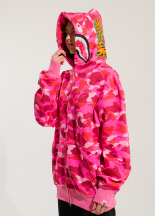 Розовый худи bape shark full zip pink camo кофта с капюшоном на молнии7 фото