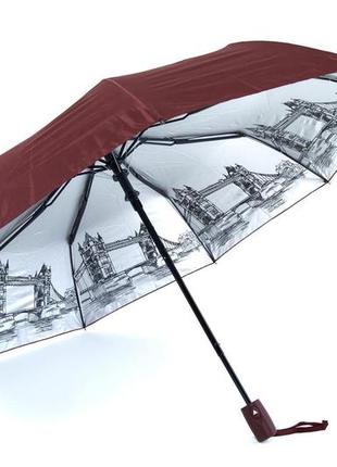 Жіноча бордова парасолька напівавтомат складна 9 спиць антивітер з малюнком міста всередині 713/2