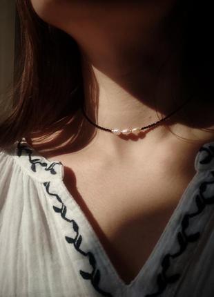 Намисто чокер з натуральнтми перлами та шпінелю