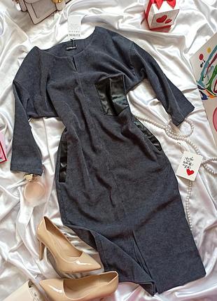 Серое вельветовое платье весеннее/осеннее со вставками из эко кожи на весну осень