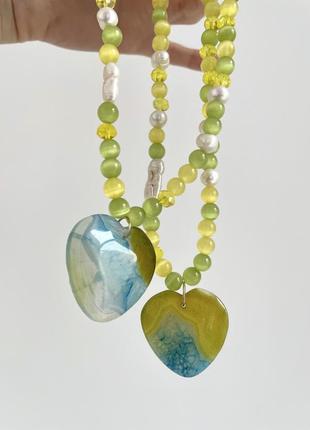 Намисто з серцем, чокер, натуральне каміння, перли, кулон серце3 фото