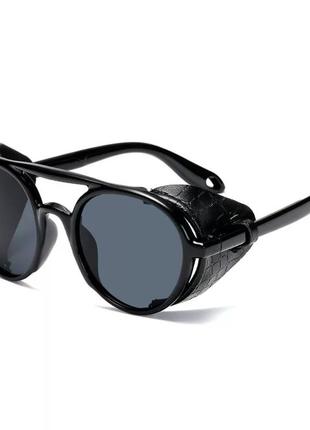 Сонцезахисні окуляри трендові круглі вінтажні стимпанк steampunk тішейди з шорами бічний захист чорний7 фото