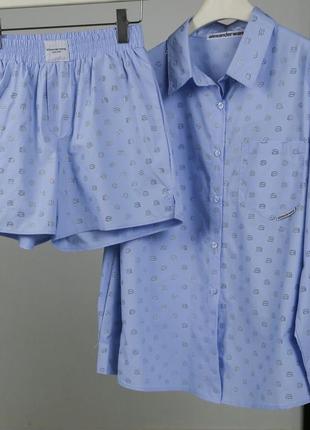 Голубой женский костюм шорты рубашка оверсайз с буквами бейби блю