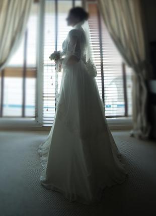 Свадебное шифоновое платье айвори а-силуэта с кружевом розшитое бисером6 фото