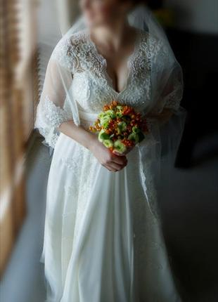 Свадебное шифоновое платье айвори а-силуэта с кружевом розшитое бисером2 фото
