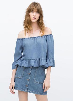 Джинсовий топ блуза з оборкою відкритими плечима zara