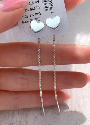 Серебряные позолоченные серьги цепочки сердце, серьги протяжки серебро с сердечками в позолоте3 фото