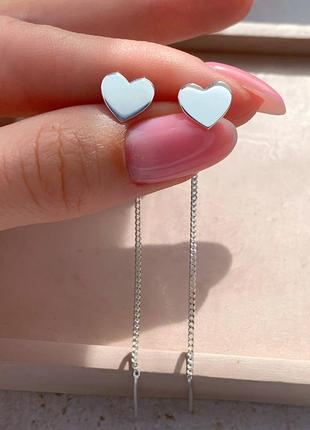 Серебряные позолоченные серьги цепочки сердце