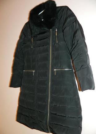 Р. 44-46/s-m зимова куртка косуха пуховик чорна з хутряним коміром приталене пальто4 фото