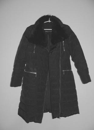 Р. 44-46/s-m зимова куртка косуха пуховик чорна з хутряним коміром приталене пальто8 фото
