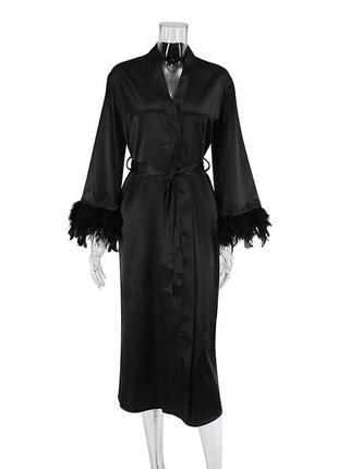 Халат жіночий атласний з пір'ям. халат шовковий довгий. пеньюар, розмір m (чорний)